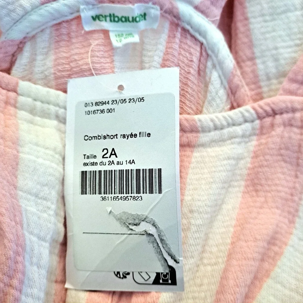NWT Vertbaudet Romper Girls 6 Pink White Striped Sleeveless Ruffle Trim Jumpsuit